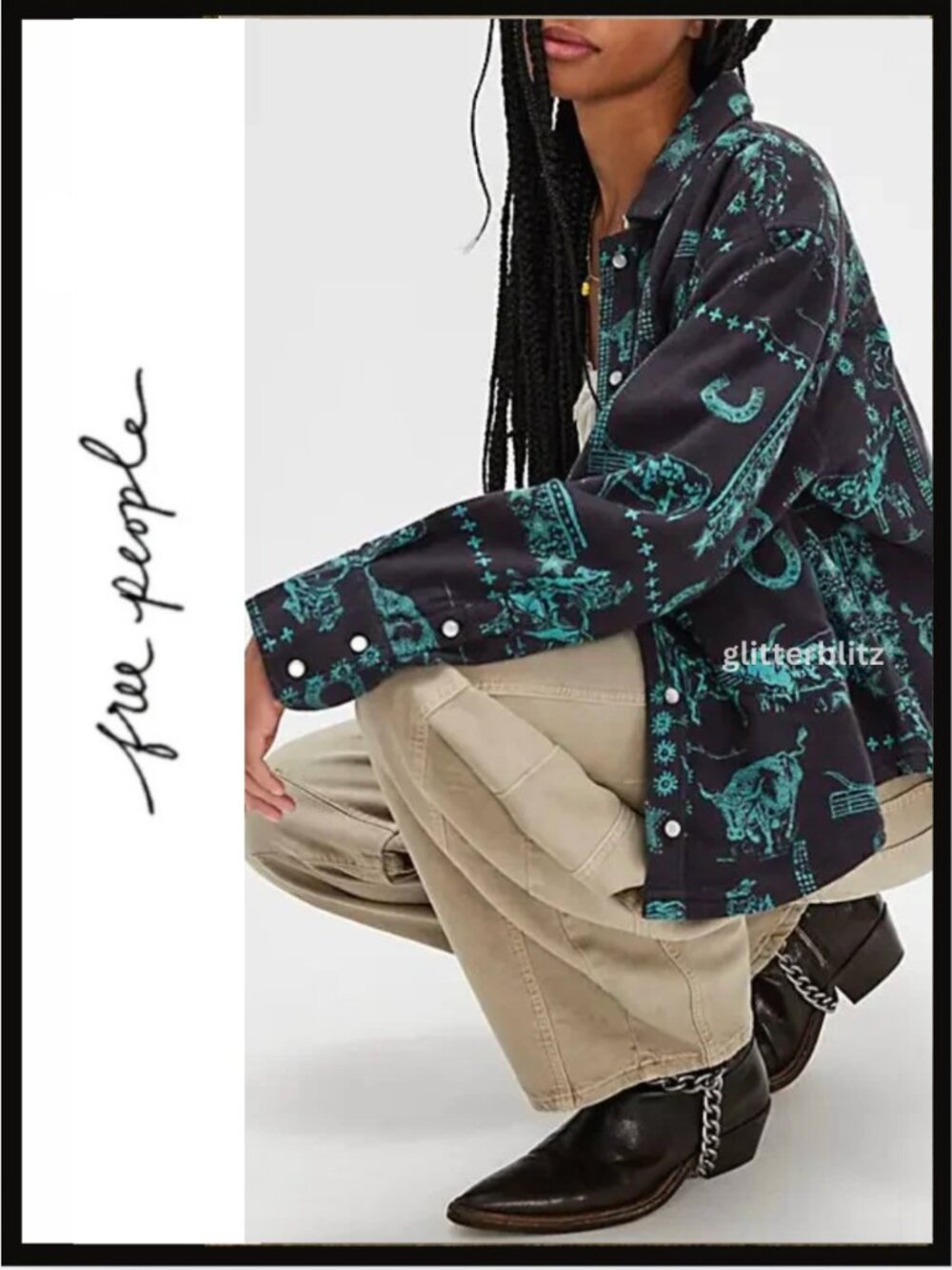 Free People "We the Free" Calico Western Print Flannel Shirt Charcoal Combo